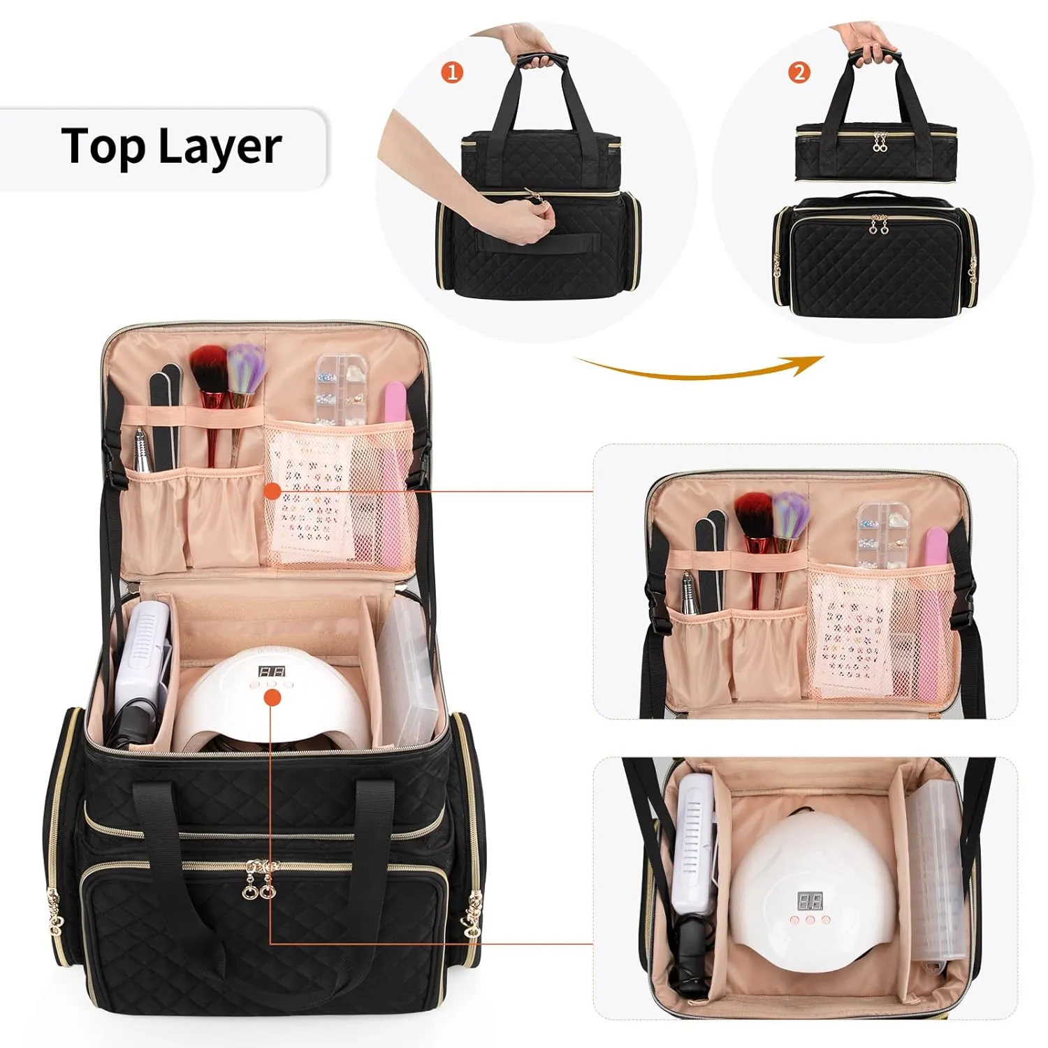 Ethereal Extra Large Polish Organizer Case Holds 70  Bottles (15ml/0.5 fl.oz) UV lamp, Detachable Nail Bag with 2 Removable Pouches Fits Nail Suppiles, Nail Accessories