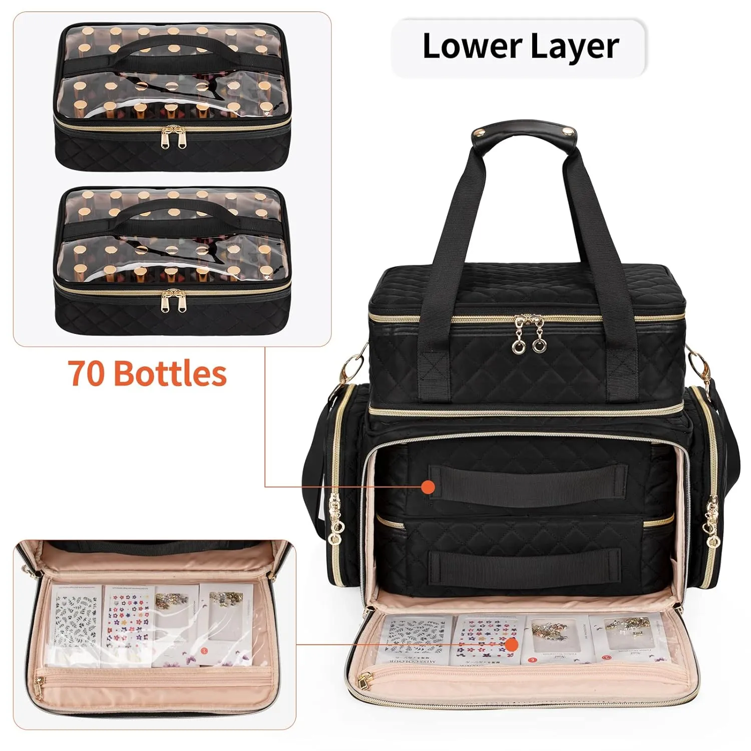 Ethereal Extra Large Polish Organizer Case Holds 70  Bottles (15ml/0.5 fl.oz) UV lamp, Detachable Nail Bag with 2 Removable Pouches Fits Nail Suppiles, Nail Accessories