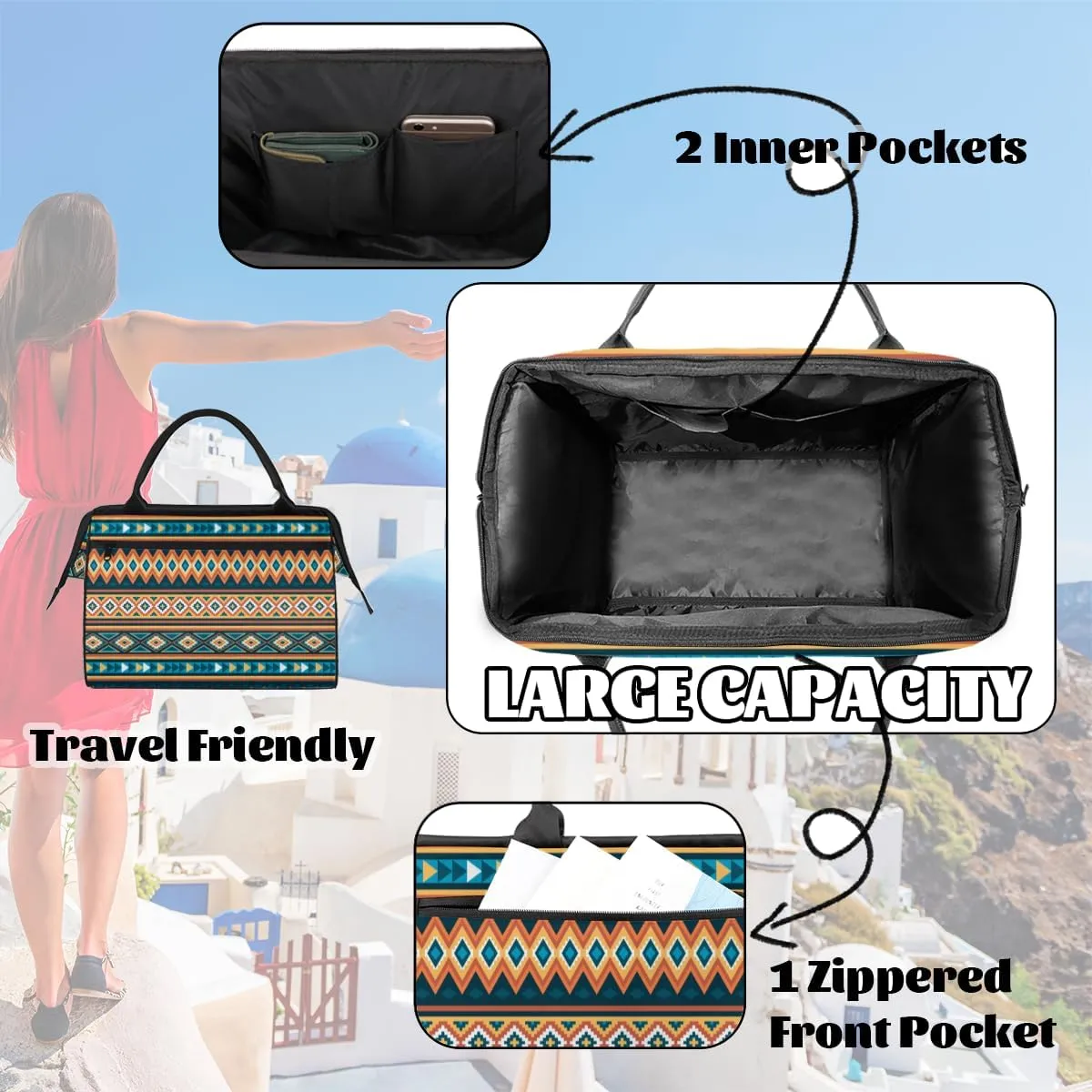 Ethnic Abstract Boho Bohemian Weekender Overnight Bag for Women Waterproof Carry On Travel Duffle Bags with Pocket Lightweight Sports Gym Tote Bag Large Luggage Workout Personal Item Hospital Bags