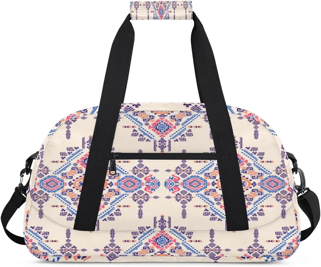 Ethnic Floral Gym Duffel Bag for Men Women Bohemian Sports Tote Bag with Adjustable Shoulder Strap for Dance Gymnastics Traveling Outdoor Camping Overnight Stay