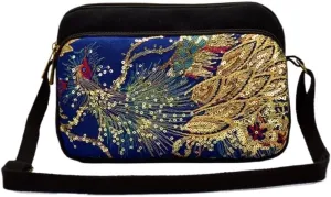 Ethnic Peacock Embroidered Canvas Shoulder Bag - Women's Crossbody Coin Purse