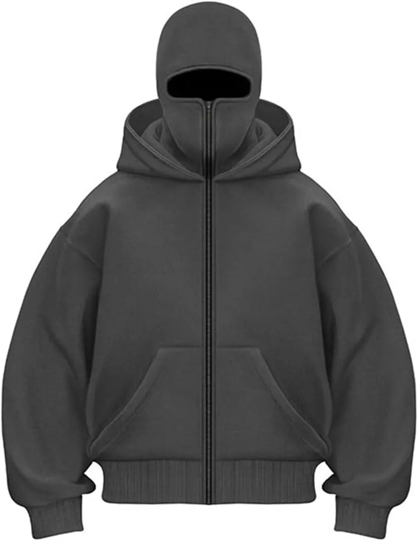 EUDOLAH Balaclava Jacket Zip Up Fashion Double Layer Hoodie Hip Hop Outerwear Jacket Y2K Clothing for Men and Women
