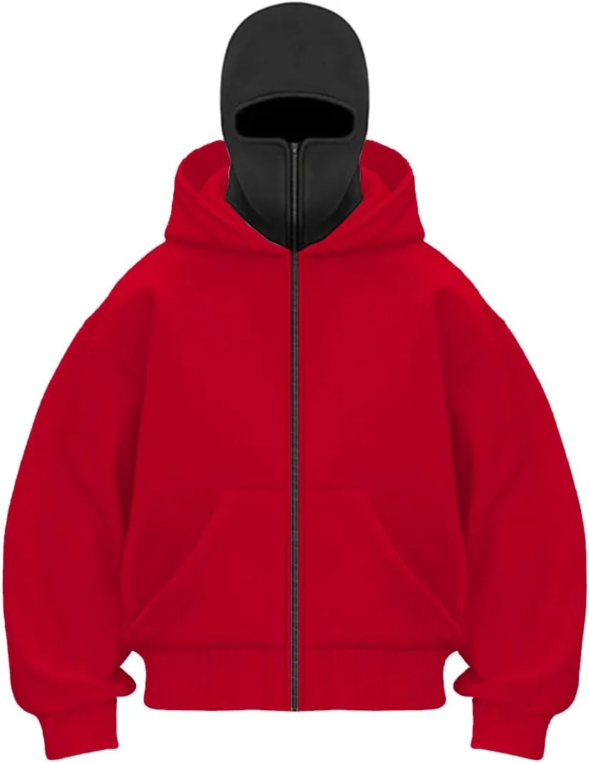 EUDOLAH Balaclava Jacket Zip Up Fashion Double Layer Hoodie Hip Hop Outerwear Jacket Y2K Clothing for Men and Women