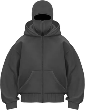 EUDOLAH Balaclava Jacket Zip Up Fashion Double Layer Hoodie Hip Hop Outerwear Jacket Y2K Clothing for Men and Women