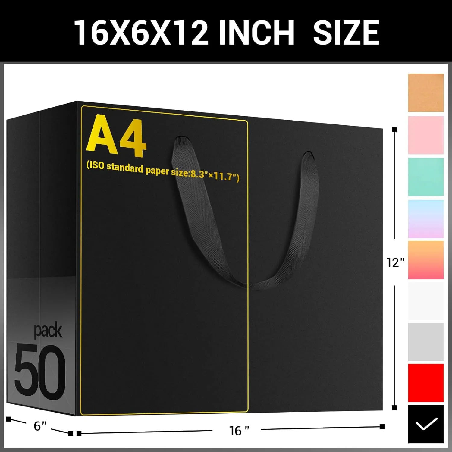 EUSOAR Exra Large Gift Wrap Bags Bulk, 50 Pack 16x6x12 inches Black Paper Heavy Duty Bags with Handles, for Business, Grocery, Boutique, Retail, Wedding, Party Favors, Baby Showers, Birthdays