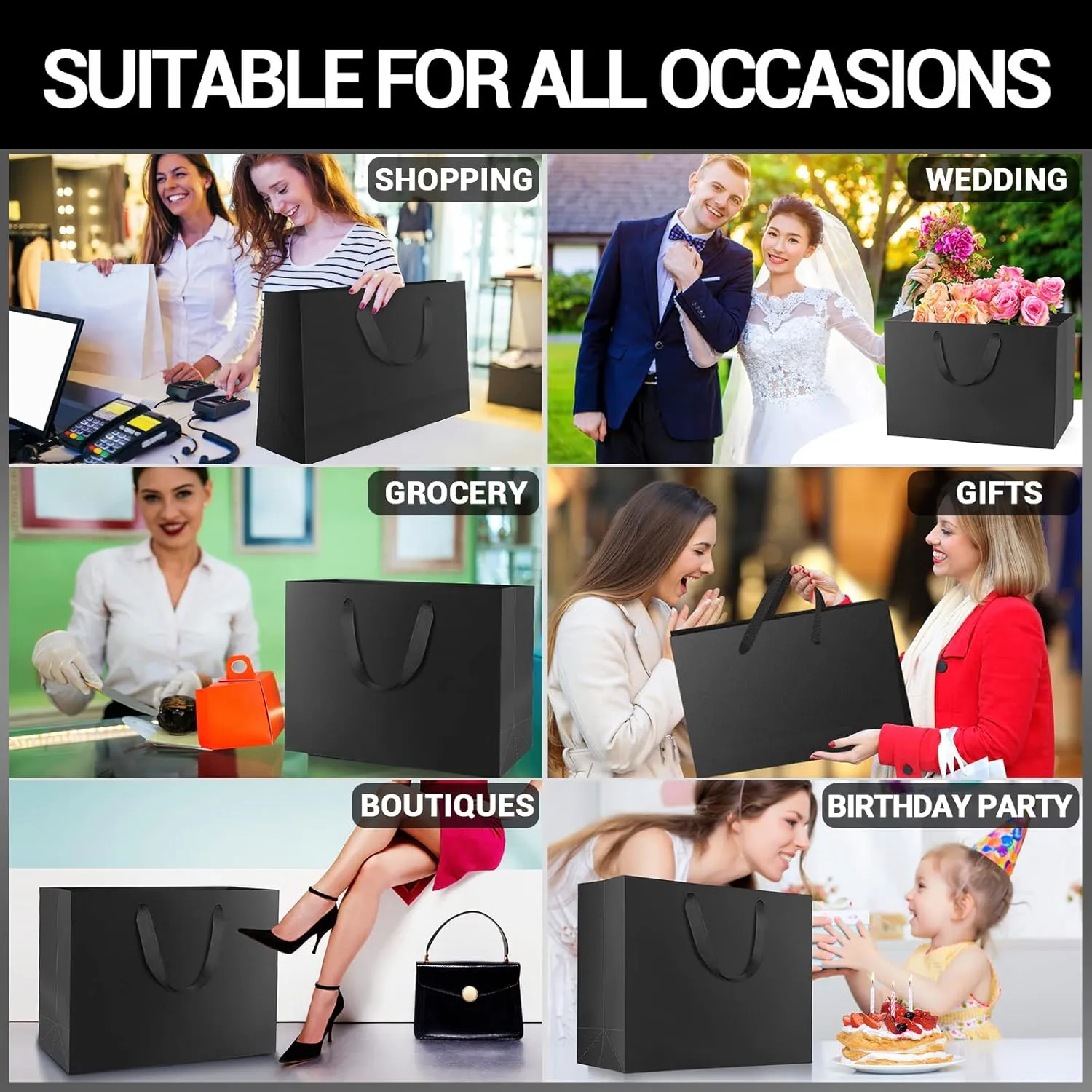 EUSOAR Exra Large Gift Wrap Bags Bulk, 50 Pack 16x6x12 inches Black Paper Heavy Duty Bags with Handles, for Business, Grocery, Boutique, Retail, Wedding, Party Favors, Baby Showers, Birthdays