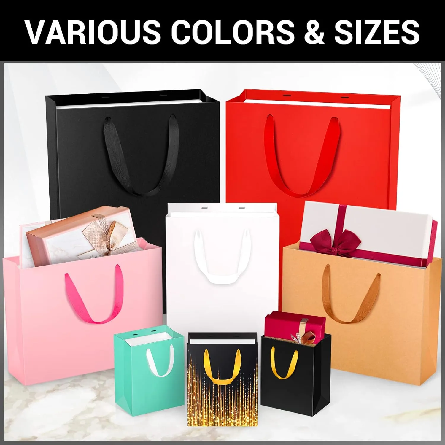 EUSOAR Exra Large Gift Wrap Bags Bulk, 50 Pack 16x6x12 inches Black Paper Heavy Duty Bags with Handles, for Business, Grocery, Boutique, Retail, Wedding, Party Favors, Baby Showers, Birthdays