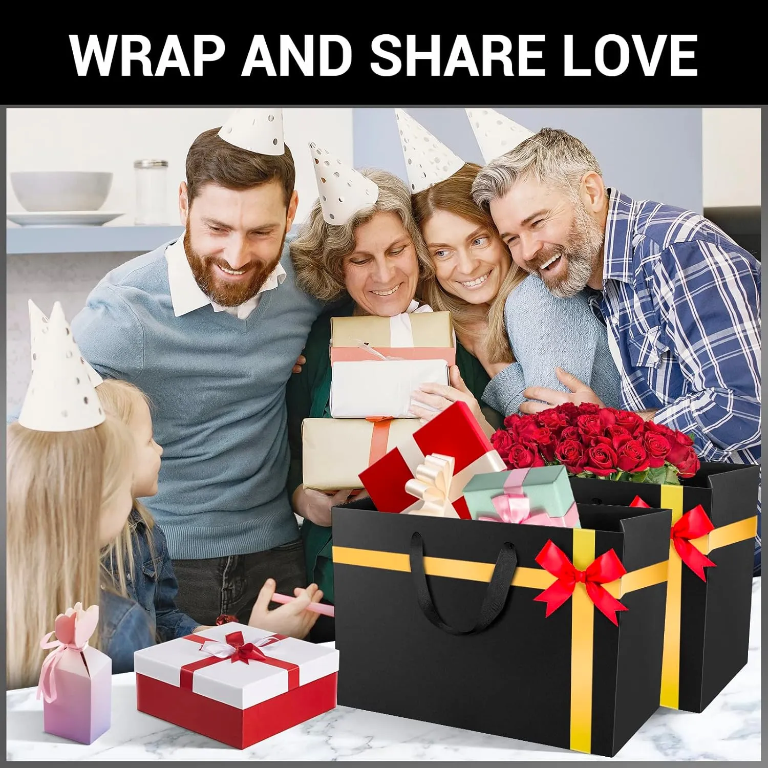 EUSOAR Exra Large Gift Wrap Bags Bulk, 50 Pack 16x6x12 inches Black Paper Heavy Duty Bags with Handles, for Business, Grocery, Boutique, Retail, Wedding, Party Favors, Baby Showers, Birthdays