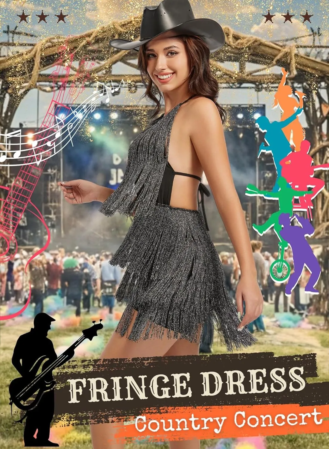 EVELUST Womens Country Concert Fringe Dress - Western Cowgirl Outfit Backless Halter Elastic Jumpsuit Rodeo Festival Romper