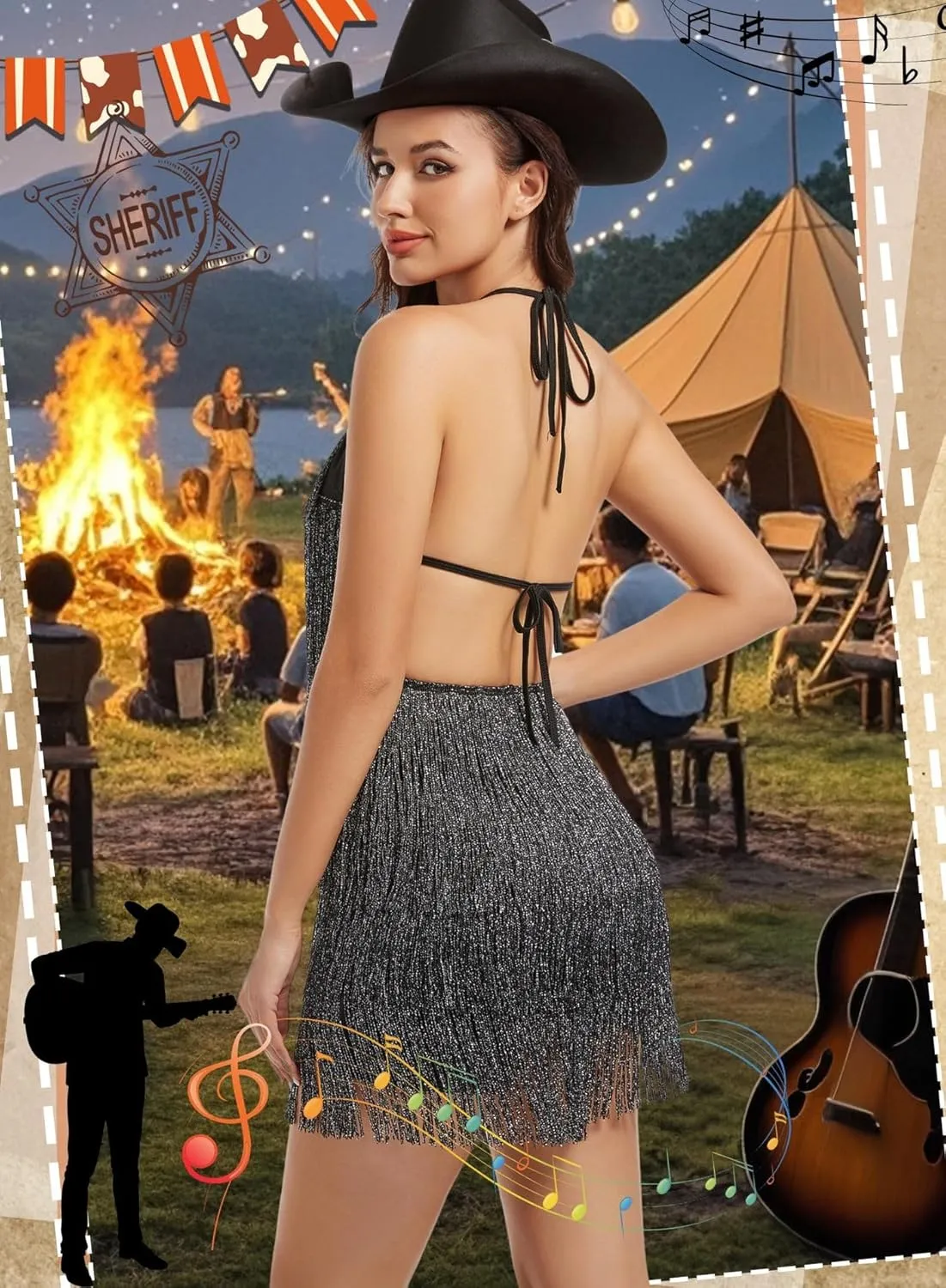 EVELUST Womens Country Concert Fringe Dress - Western Cowgirl Outfit Backless Halter Elastic Jumpsuit Rodeo Festival Romper