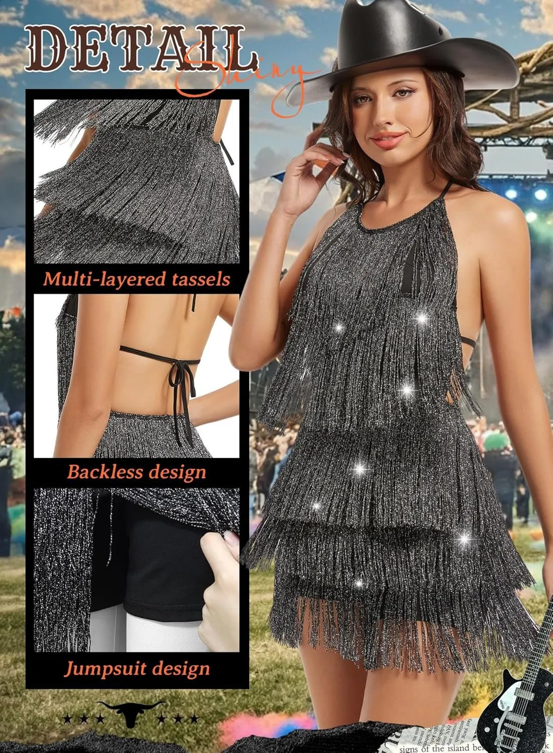 EVELUST Womens Country Concert Fringe Dress - Western Cowgirl Outfit Backless Halter Elastic Jumpsuit Rodeo Festival Romper