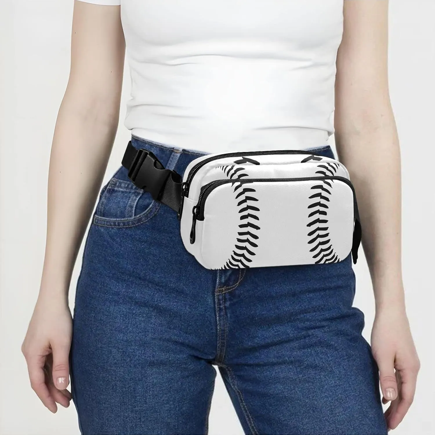 Exnundod Fanny Waist Pack Waist Black Baseball Stitches Waist Bag 2024 Sports Softball Crossbody Bag Adjustable Belt Bag for Traveling Running Hiking Cycling