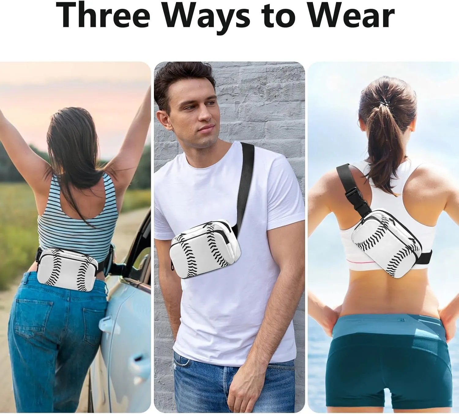 Exnundod Fanny Waist Pack Waist Black Baseball Stitches Waist Bag 2024 Sports Softball Crossbody Bag Adjustable Belt Bag for Traveling Running Hiking Cycling