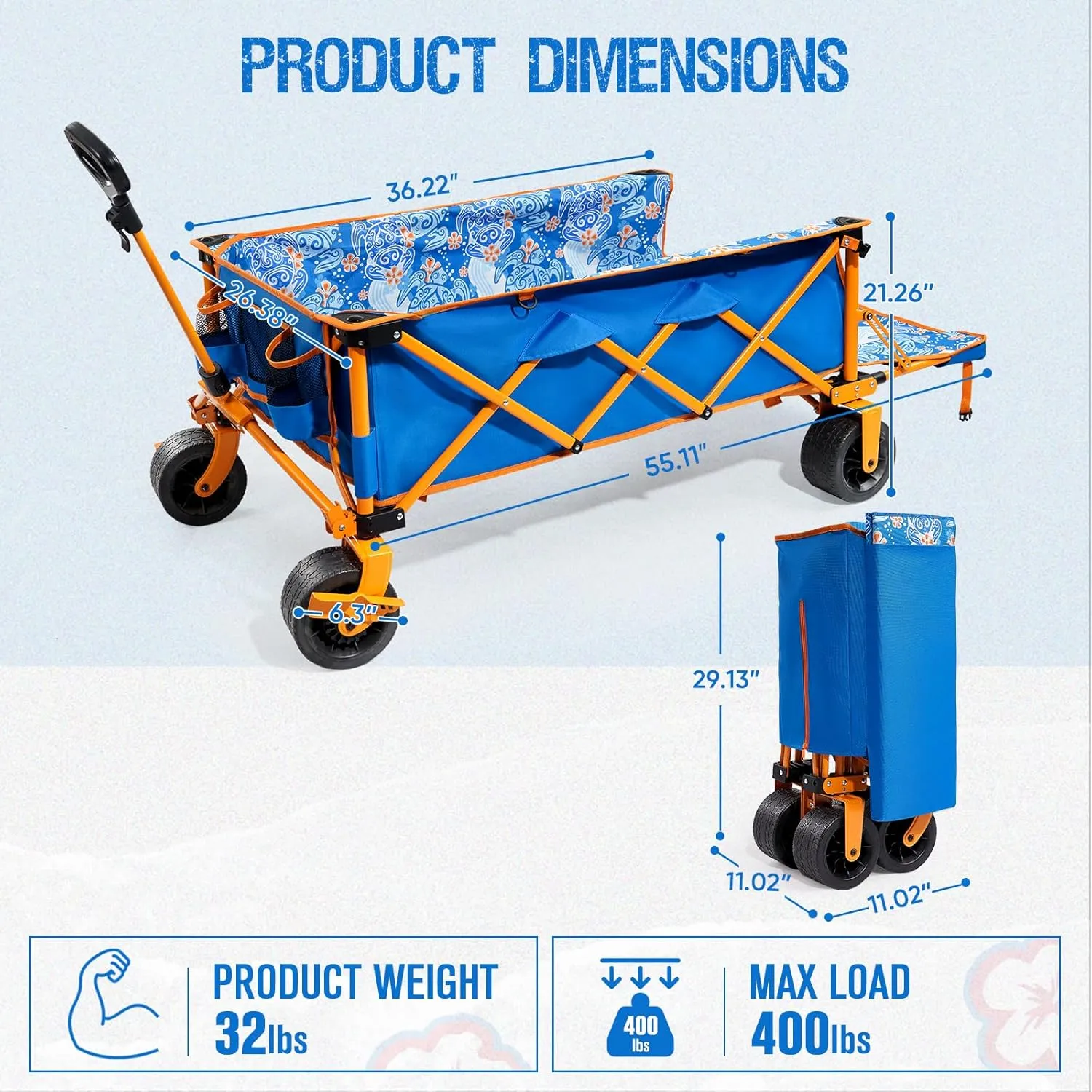 Extra Large Heavy-Duty Beach Wagon - 55.11" x 26.38" Foldable Utility Cart with 400 lbs Capacity, Compact Fold Design, Ideal for Beach, Camping, Groceries, and Outdoor Adventures