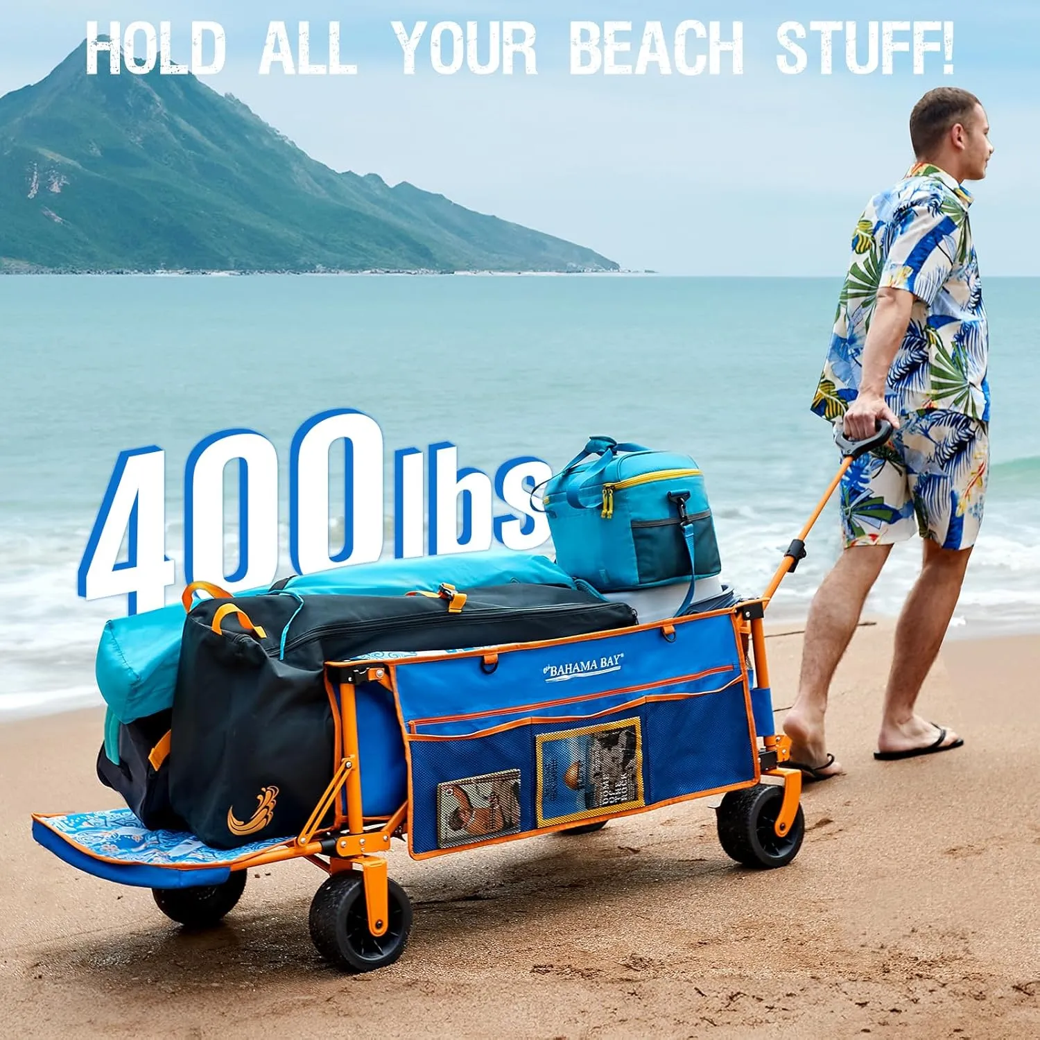 Extra Large Heavy-Duty Beach Wagon - 55.11" x 26.38" Foldable Utility Cart with 400 lbs Capacity, Compact Fold Design, Ideal for Beach, Camping, Groceries, and Outdoor Adventures