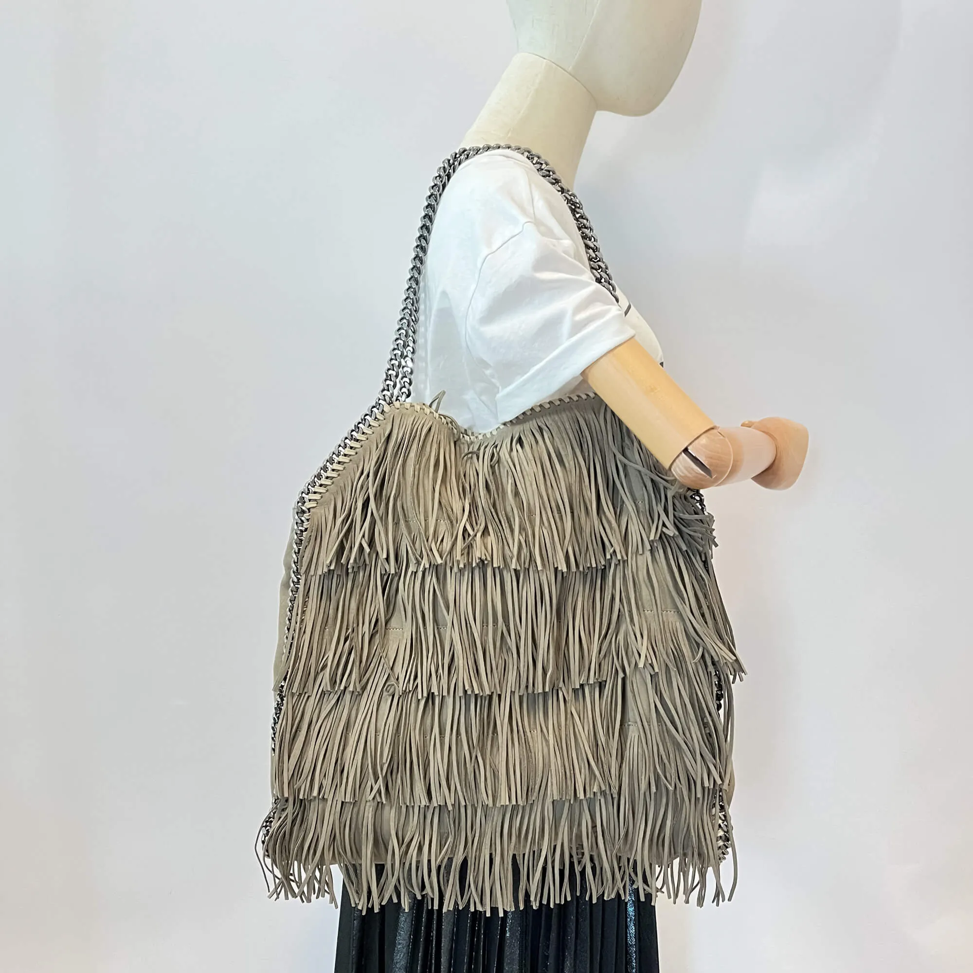 Falabella Fold-Over Large Shoulder Fringe Recycled Material 2-Ways Tote Bag Taupe