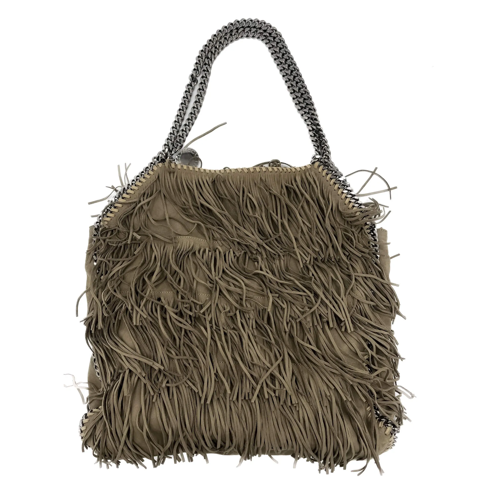 Falabella Fold-Over Large Shoulder Fringe Recycled Material 2-Ways Tote Bag Taupe