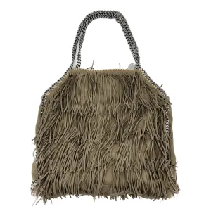 Falabella Fold-Over Large Shoulder Fringe Recycled Material 2-Ways Tote Bag Taupe