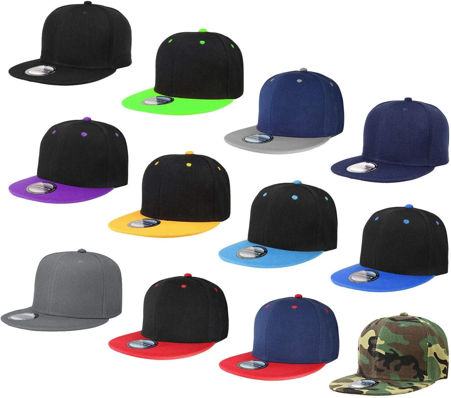 Falari Wholesale 12 Pack Snapback Hat Cap Hip Hop Style Flat Bill Blank Solid Color Adjustable Size