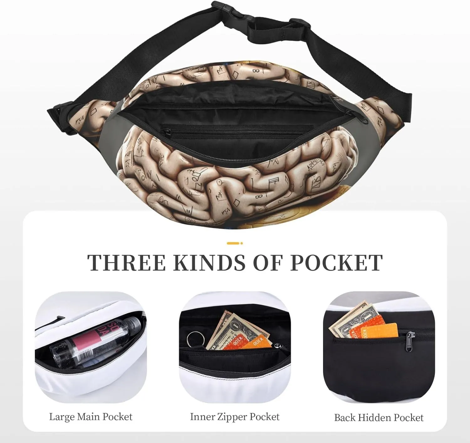Fanny Pack for Men Women Waist Bag Adjustable Waist Pack Crossbody Belt Bag Human Brain Bum Bag