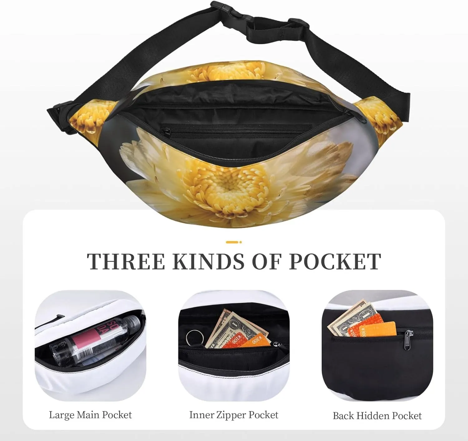 Fanny Pack for Men Women Waist Bag Adjustable Waist Pack Crossbody Belt Bag Light Yellow Flower Bum Bag