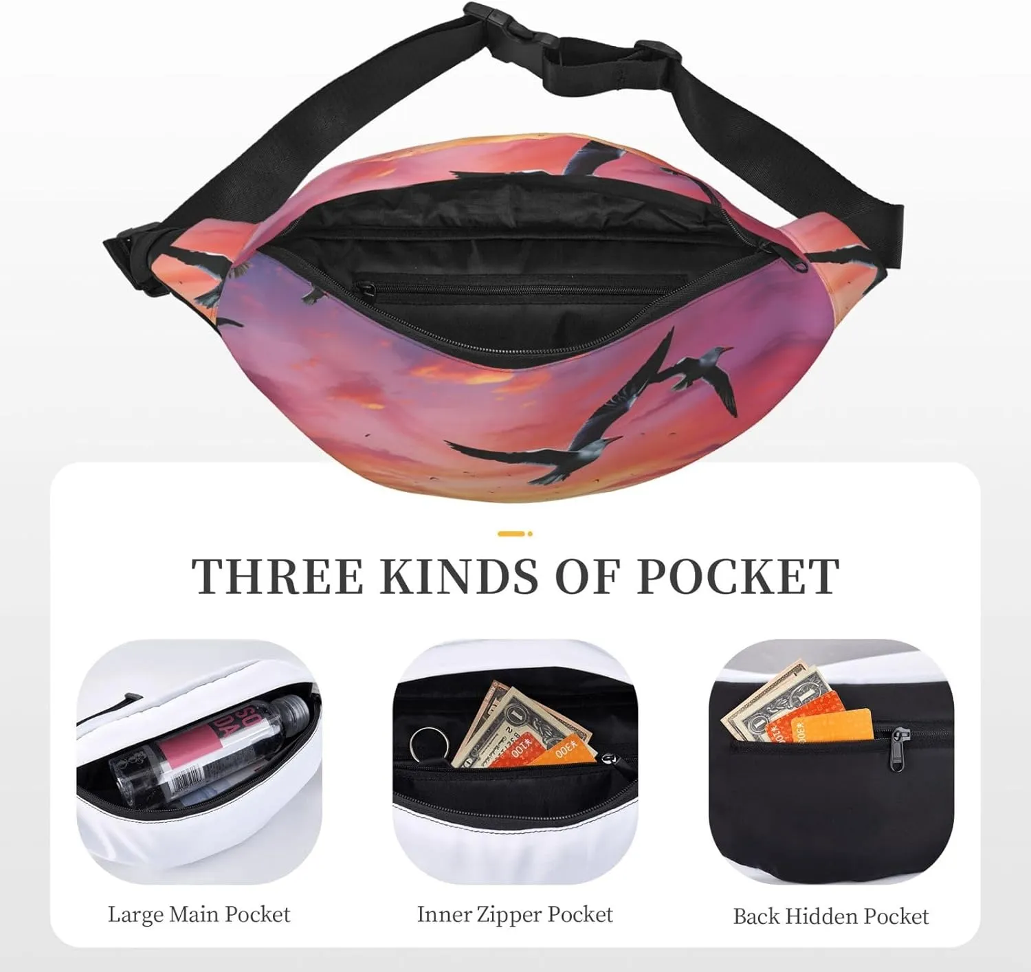 Fanny Pack for Men Women Waist Bag Adjustable Waist Pack Crossbody Belt Bag Sea gull Flying Over Colorful Sky Bum Bag