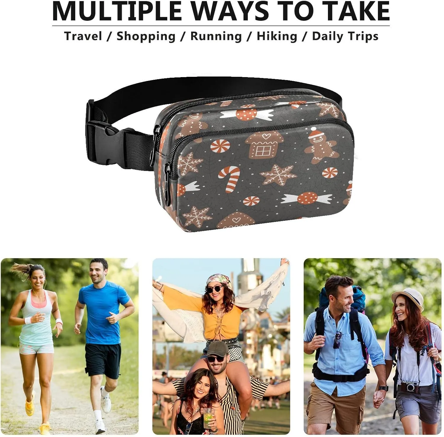 Fanny Packs for Women Men Christmas Gingerbread Cookies Belt Bag Waterproof Fashion Waist Pack with Adjustable Strap Cute Xmas Biscuits Waist Bag Hip Bumbags for Running Workout Travel Hiking Cycling