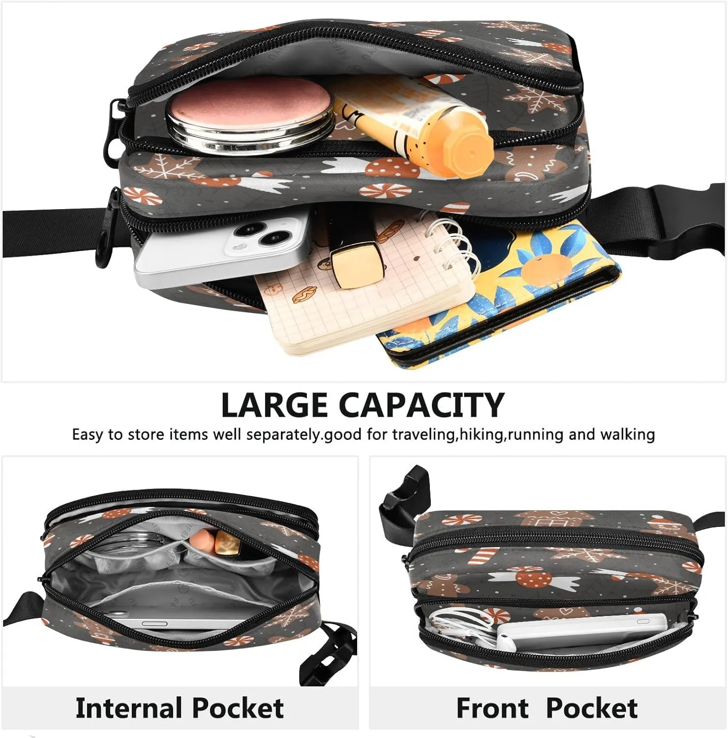 Fanny Packs for Women Men Christmas Gingerbread Cookies Belt Bag Waterproof Fashion Waist Pack with Adjustable Strap Cute Xmas Biscuits Waist Bag Hip Bumbags for Running Workout Travel Hiking Cycling