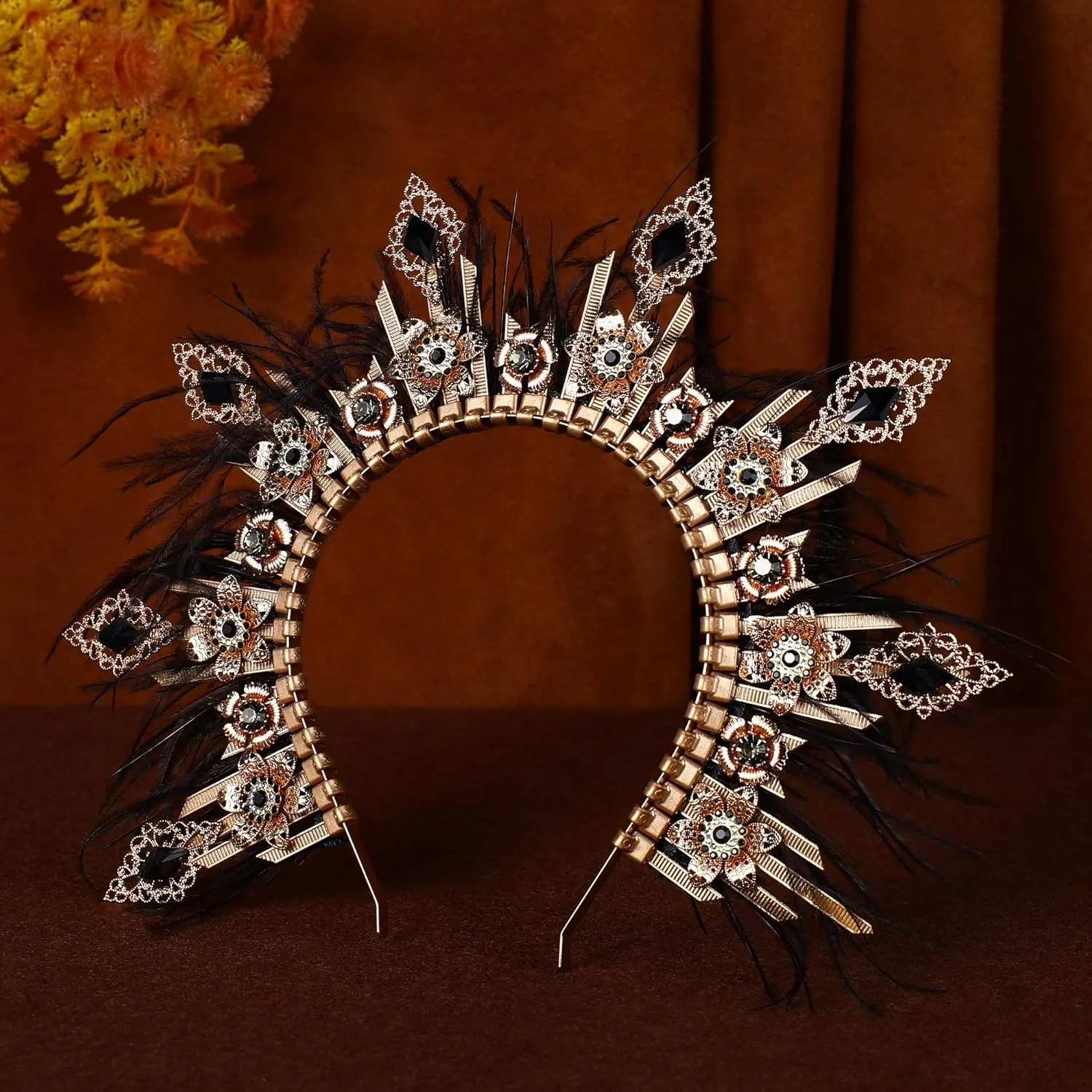 Fantasy Halo Crown Hedpiece - Handmade Zip Tie Greek Goddess Feather Crown Renfaire Spiked Headband for Halloween