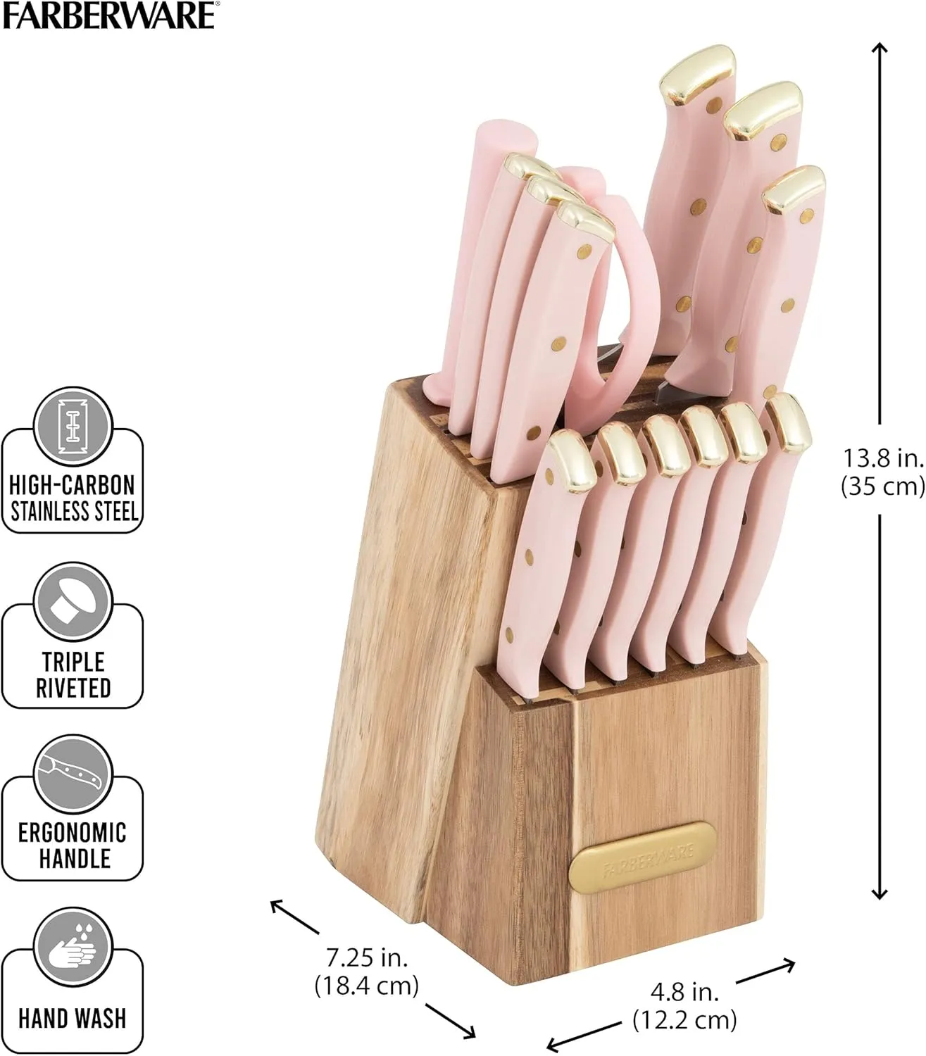 Farberware 15-Piece Triple Riveted Acacia Knife Block Set, High Carbon-Stainless Steel Kitchen Knives with Ergonomic Handles, Razor-Sharp Knife Set, Pink and Gold
