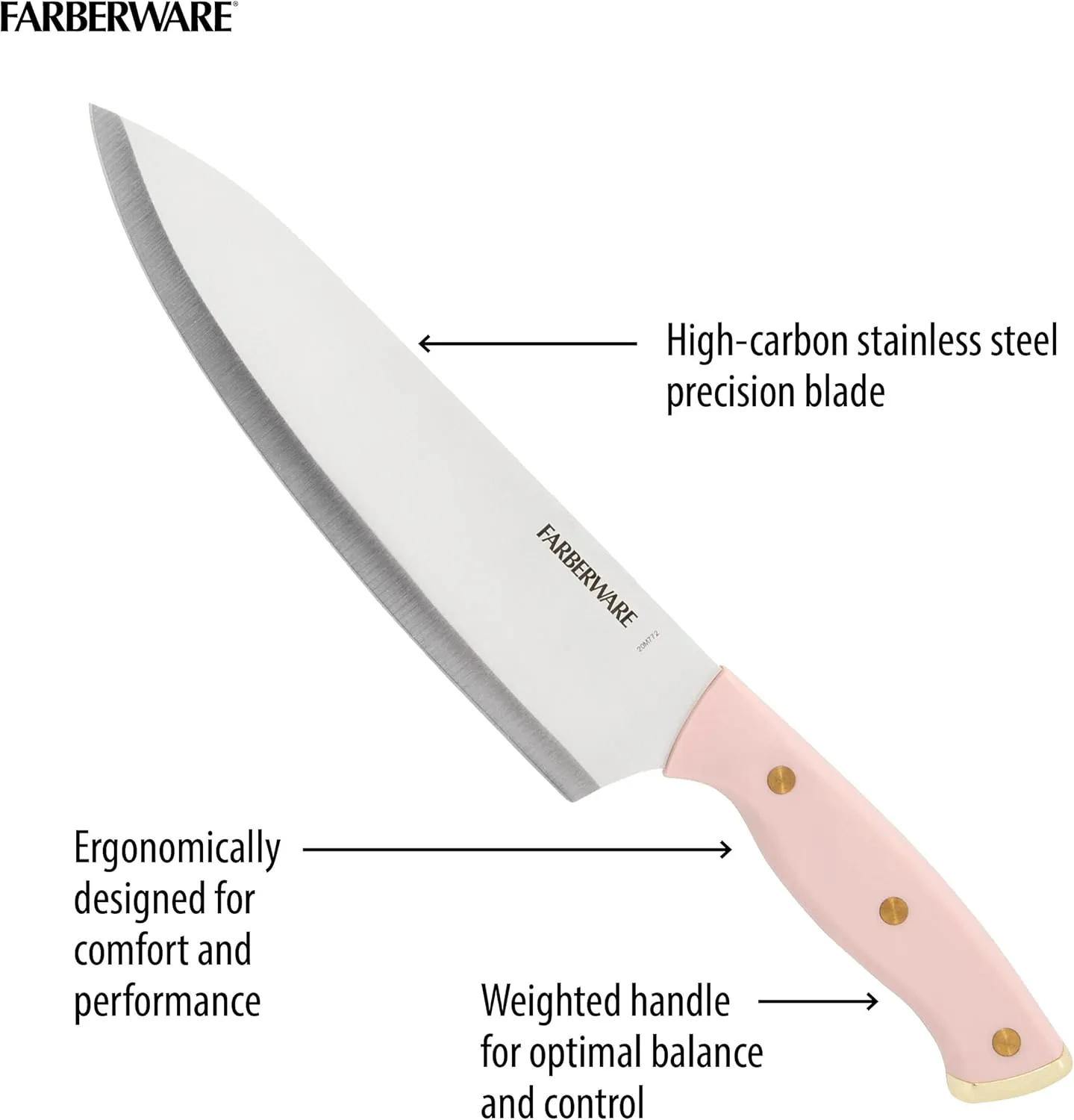 Farberware 15-Piece Triple Riveted Acacia Knife Block Set, High Carbon-Stainless Steel Kitchen Knives with Ergonomic Handles, Razor-Sharp Knife Set, Pink and Gold