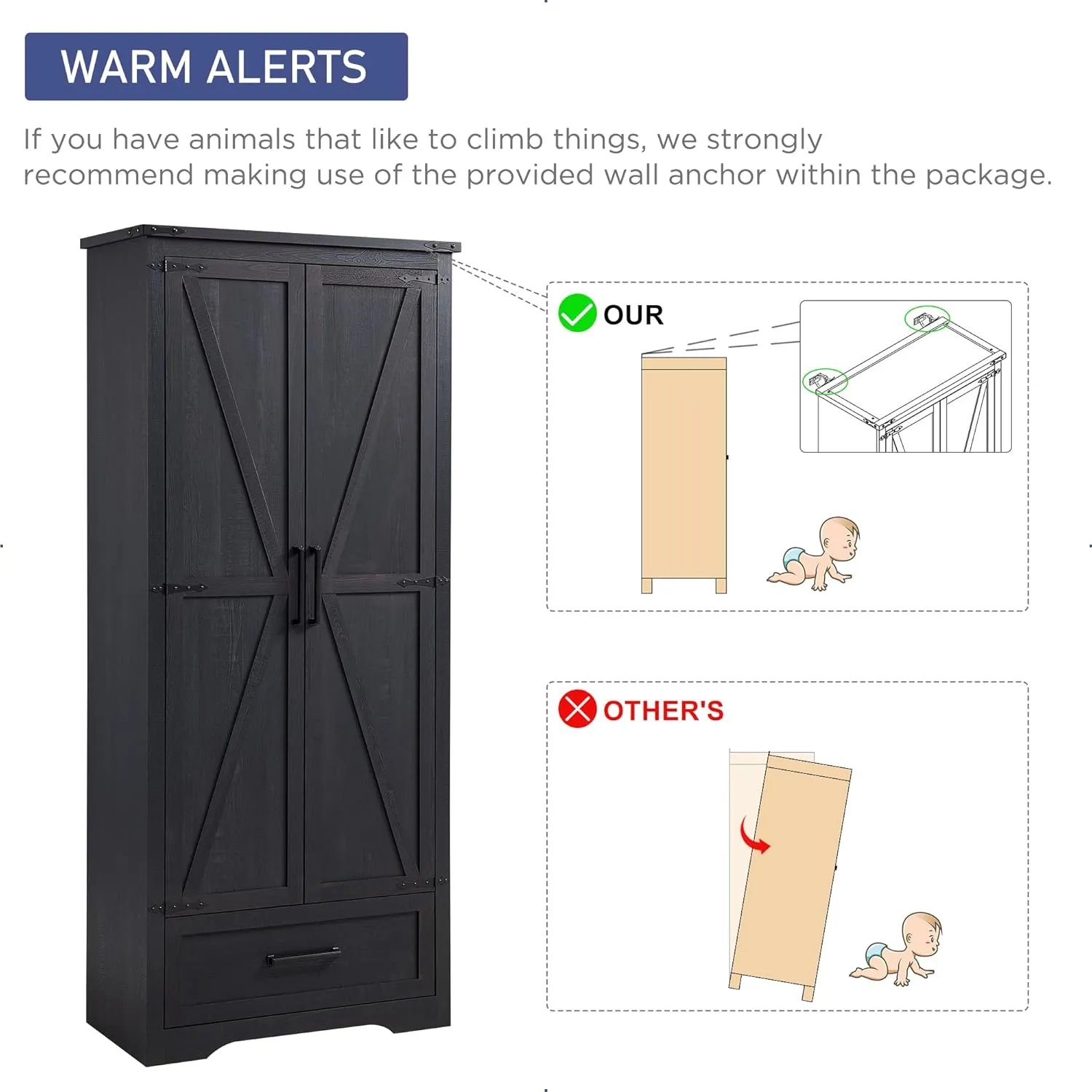 Farmhouse Kitchen Pantry Cabinet - 72" Tall Large Wood Kitchen Storage Cabinets with Adjustable Shelves & 2 Barn Doors & Drawer, Versatile Storage for Dining Room, Bathroom, Living Room, Antique Black