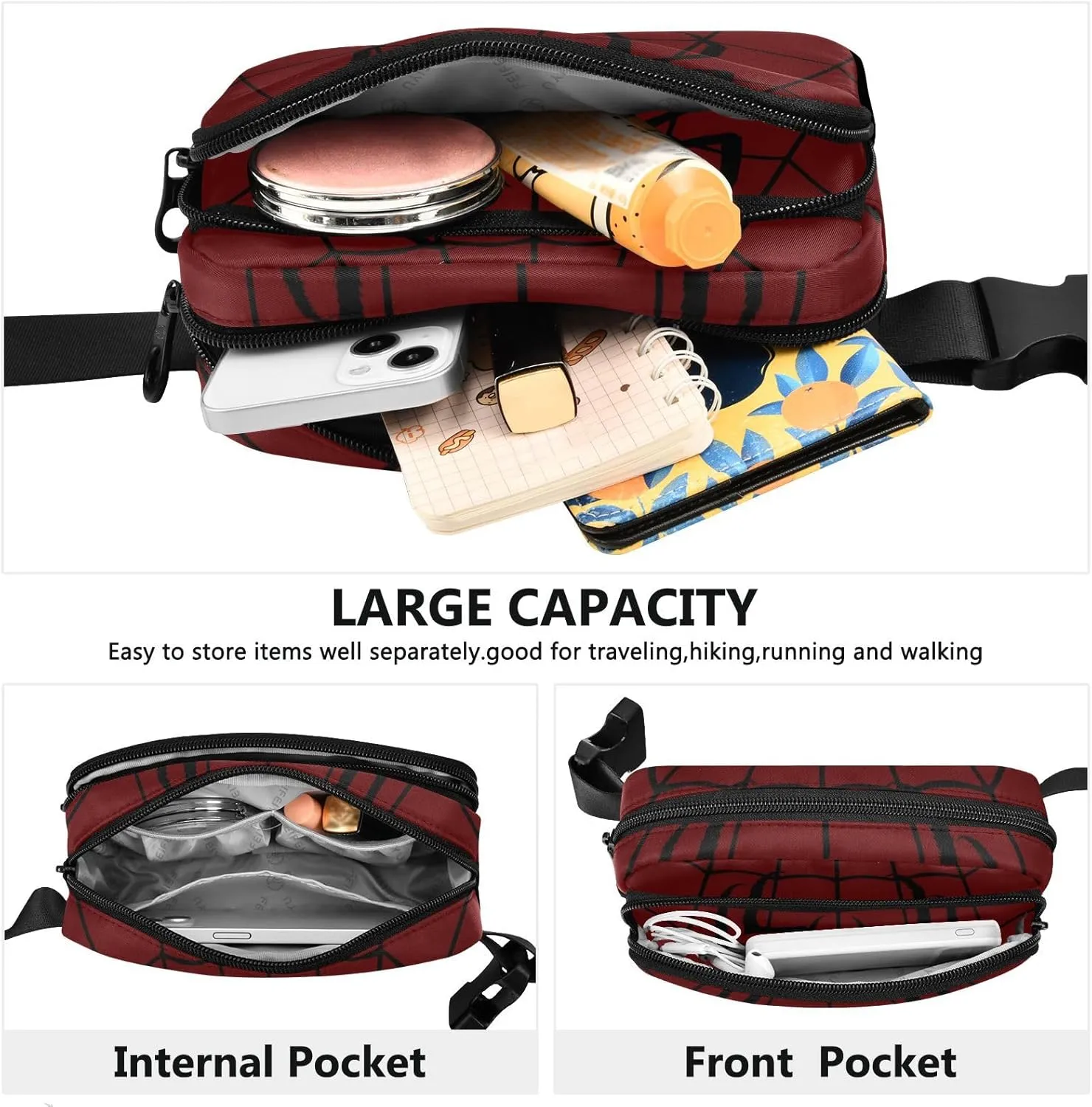 Fashion Waist Pack Crossbody Bags for Women Men with Adjustable Strap, Spider Mini Chest Bag Belt Bag for Run Travel Outdoor Cycling Hiking