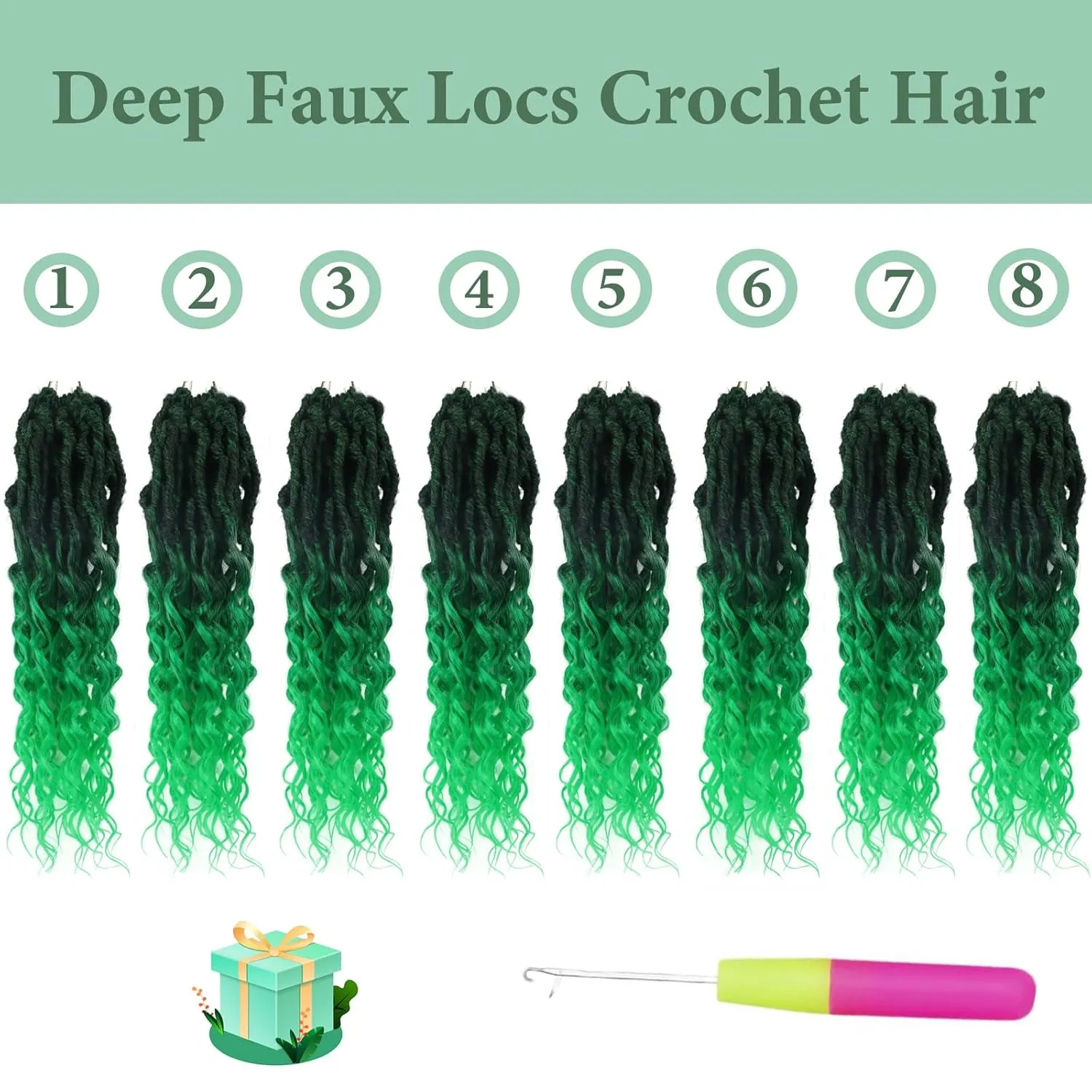 Faux Locs Crochet Hair 14 Inch 8 Packs Goddess Locs Crochet Hair with Curly Ends Soft Locs Crochet Braids Pre Looped Deep Wave Crochet Braids for Black Women(Black mixed Green)