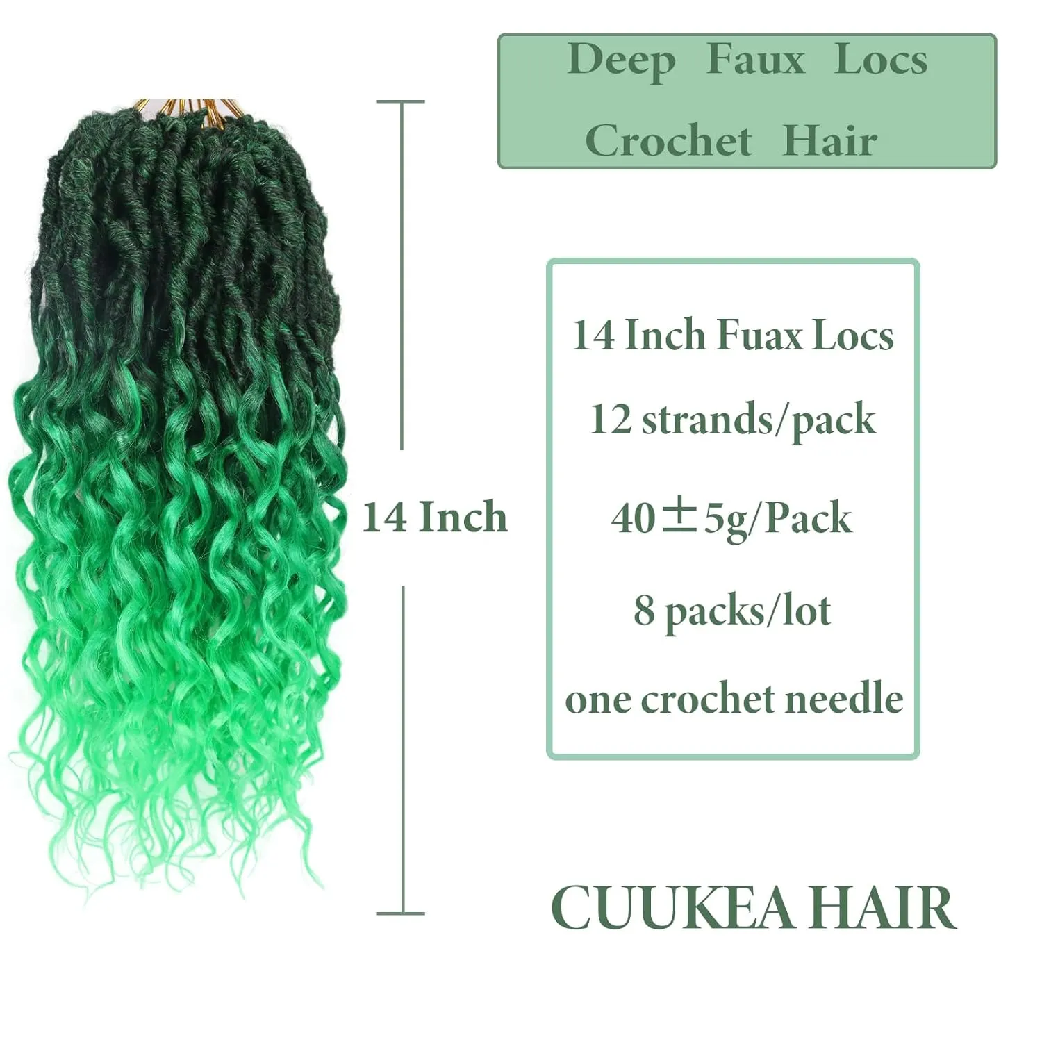Faux Locs Crochet Hair 14 Inch 8 Packs Goddess Locs Crochet Hair with Curly Ends Soft Locs Crochet Braids Pre Looped Deep Wave Crochet Braids for Black Women(Black mixed Green)