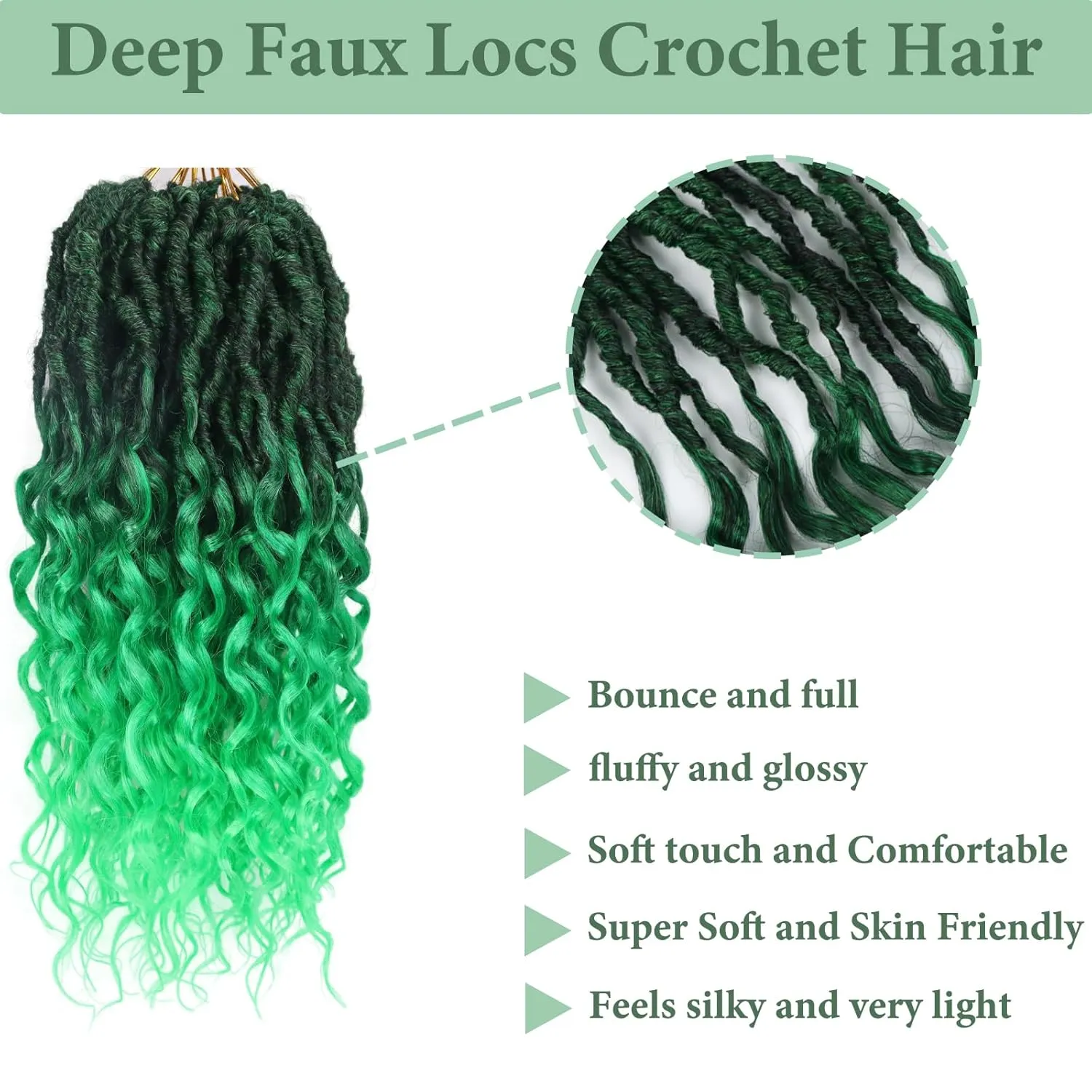 Faux Locs Crochet Hair 14 Inch 8 Packs Goddess Locs Crochet Hair with Curly Ends Soft Locs Crochet Braids Pre Looped Deep Wave Crochet Braids for Black Women(Black mixed Green)