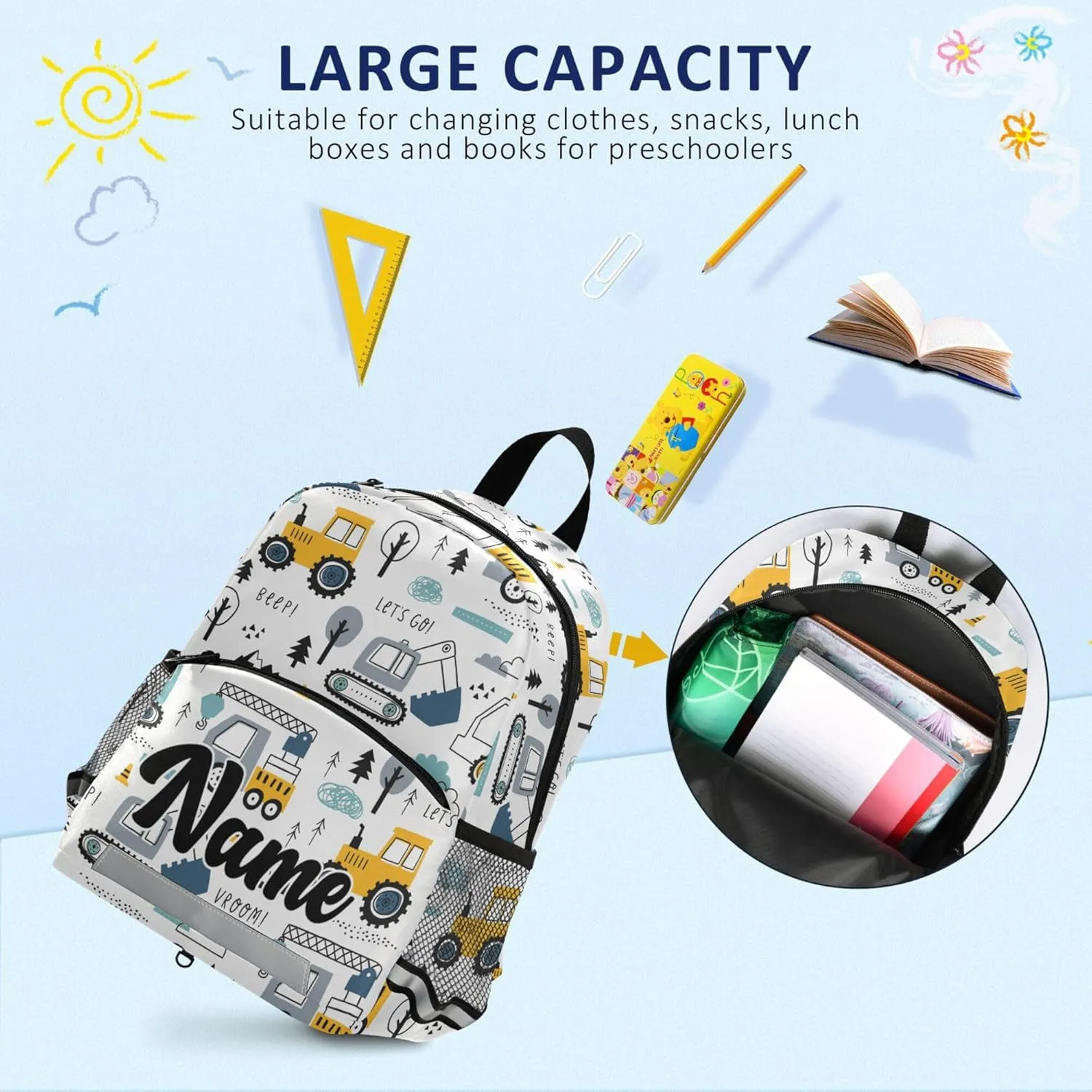 Fisyme Cute Truck Tractor Cars Custom Backpack Schoolbag Kids Daypack Toddler Travel School Bag Small Backpacks for Kindergarten Preschool Nursery Boys Girl