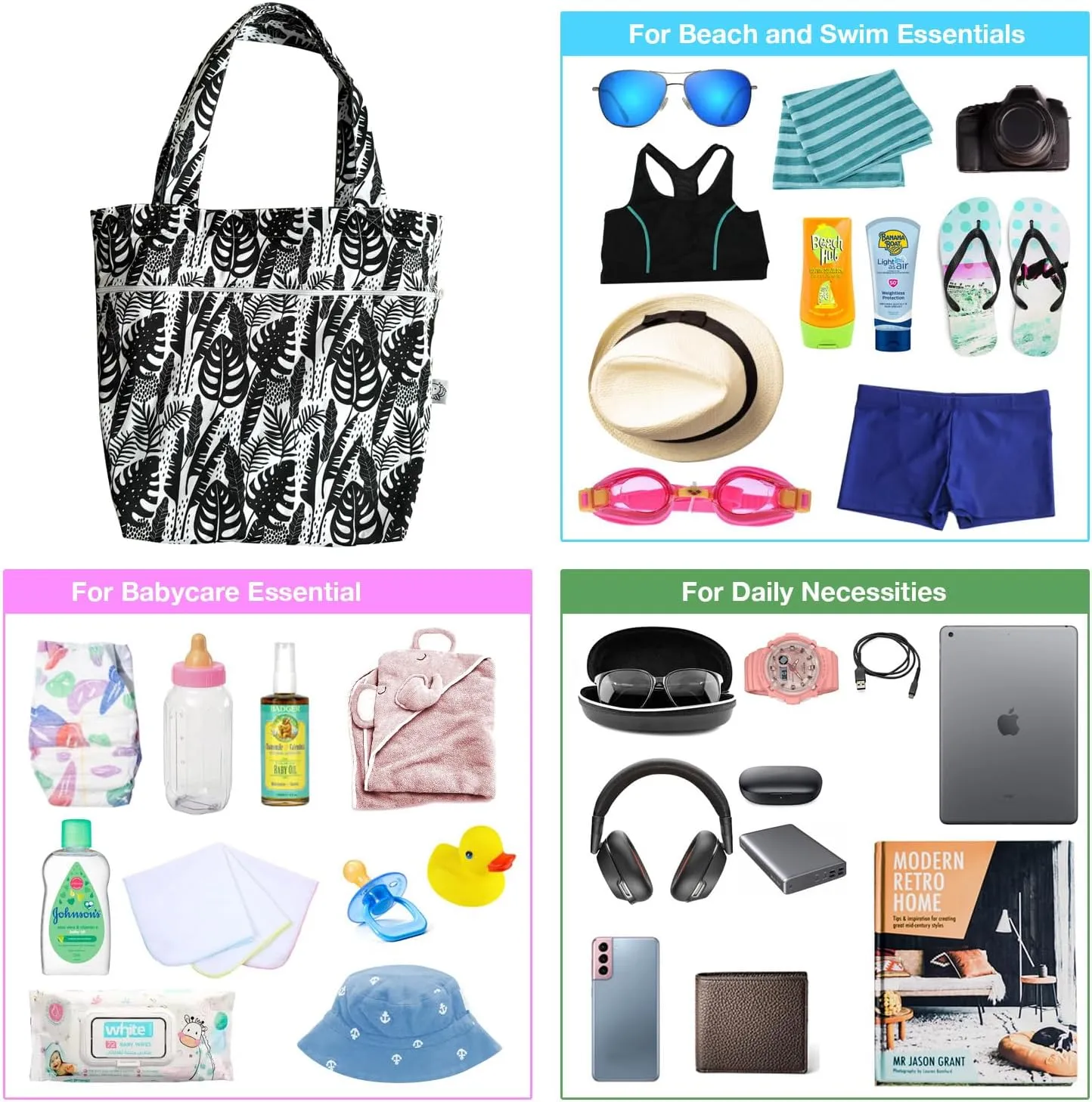 FLOCK THREE Leak Proof Large Tote Pool Bag Shoulder Handbag Water Proof with Zipper for Baby Care Sports Gym Grocery Travel