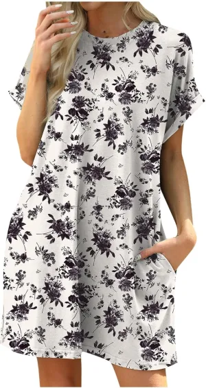Floral Dress for Women Short Sleeve Crewneck Midi Dress Summer Boho Beach Vacation Sundress Resort Wear 2025