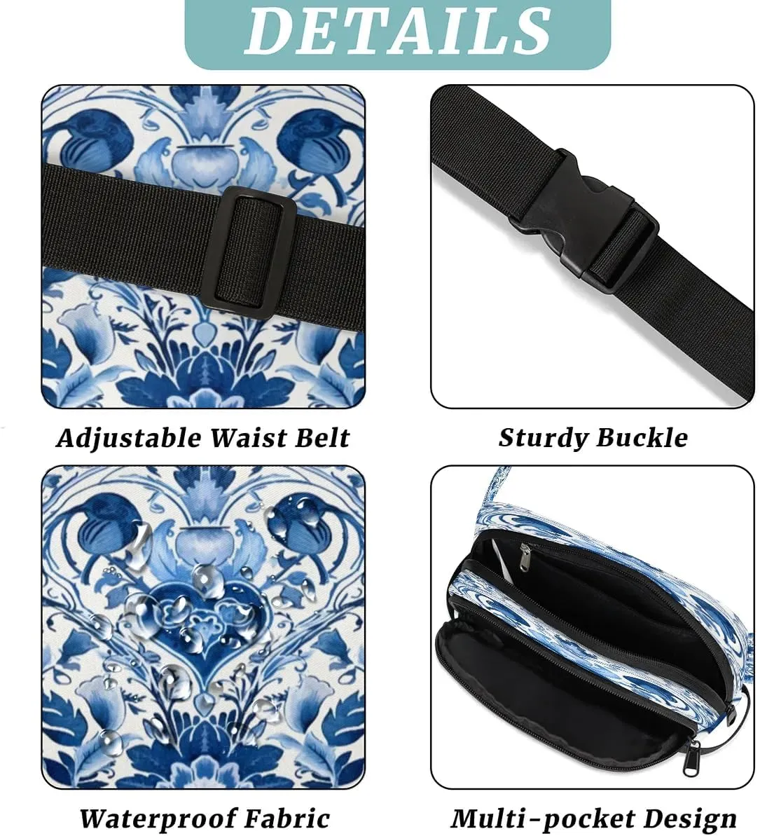 Flowers Retro Boho Printings Fanny Packs for Women Men Waterproof Waist Bag with Adjustable Strap Belt Bag for Travel Running Hiking