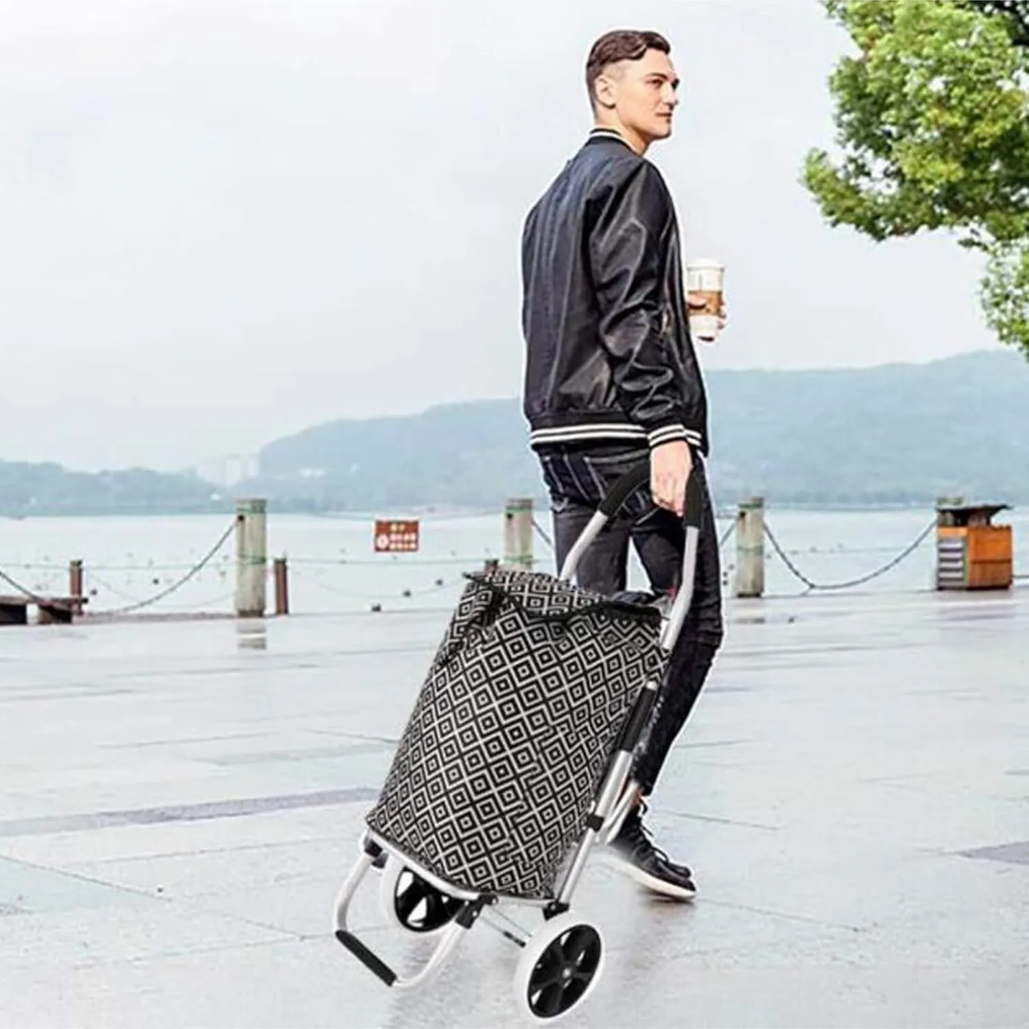 Folding Shopping Cart, Shopping Trolley Foldable Shopping Cart Solid with Bag Multifunctional Luggage Cart with Wheel Grocery Utility Carts(Red)
