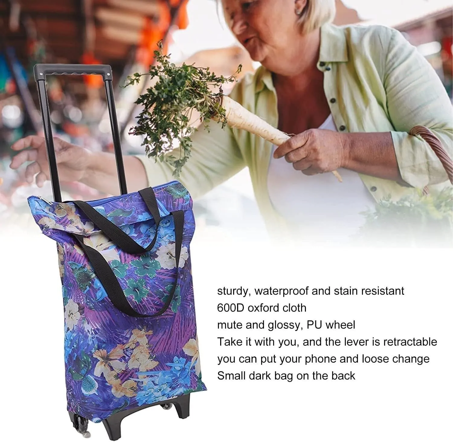 Folding Shopping Cart, Trolley Foldable Shopping Pull Cart Cloth Trolley Bag with 2 Wheels Steel Pipe Washable Small Push Cart Grocery Utility Carts(Purple)