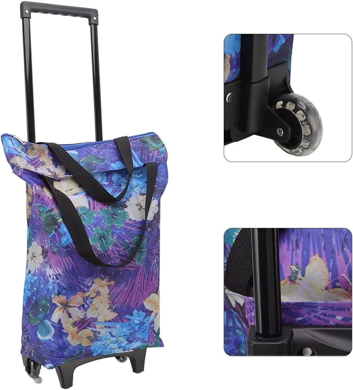 Folding Shopping Cart, Trolley Foldable Shopping Pull Cart Cloth Trolley Bag with 2 Wheels Steel Pipe Washable Small Push Cart Grocery Utility Carts(Purple)