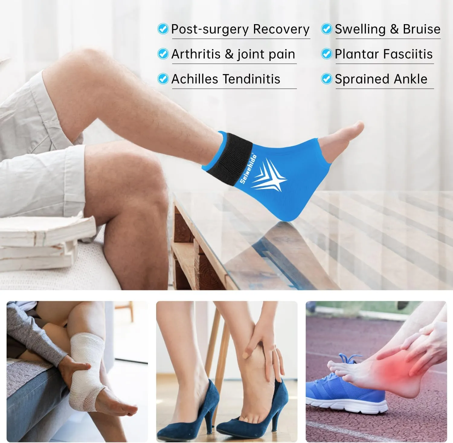 Foot Ankle Ice Pack Wrap for Swelling,Reusable Gel Ice Pack for Sprained Ankle Injuries,Cold Therapy Sleeves Compression for Plantar Fasciitis Relief, Achilles Tendonitis, Sore Feet & Heel (Blue)