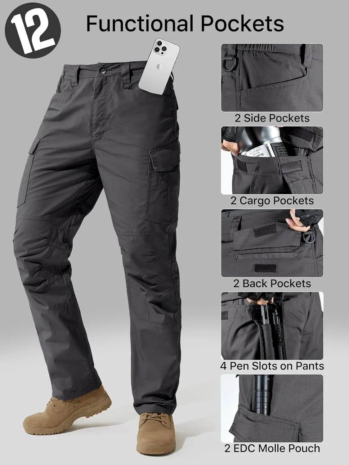FREE SOLDIER Men's Water Resistant Pants Relaxed Fit Tactical Cargo Work Pants with Multi Pocket