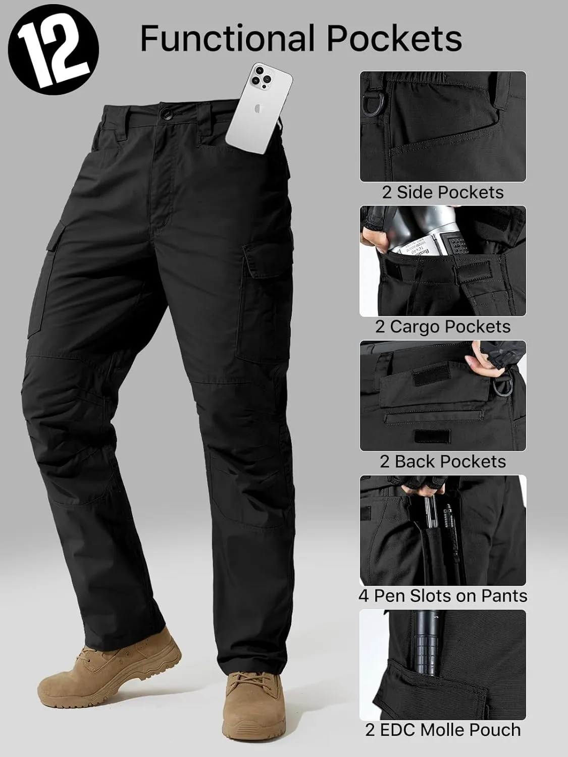 FREE SOLDIER Men's Water Resistant Pants Relaxed Fit Tactical Cargo Work Pants with Multi Pocket