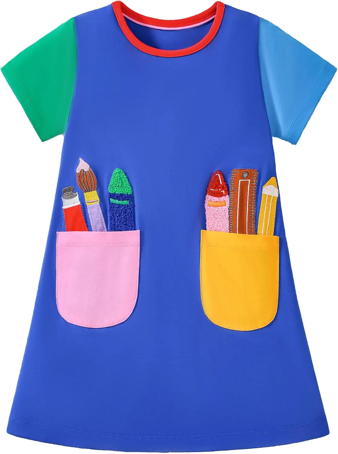 FreeLu Girls Cartoon Appliques Dress Cotton Summer Short Sleeve Dresses Casual Jersey Skirt