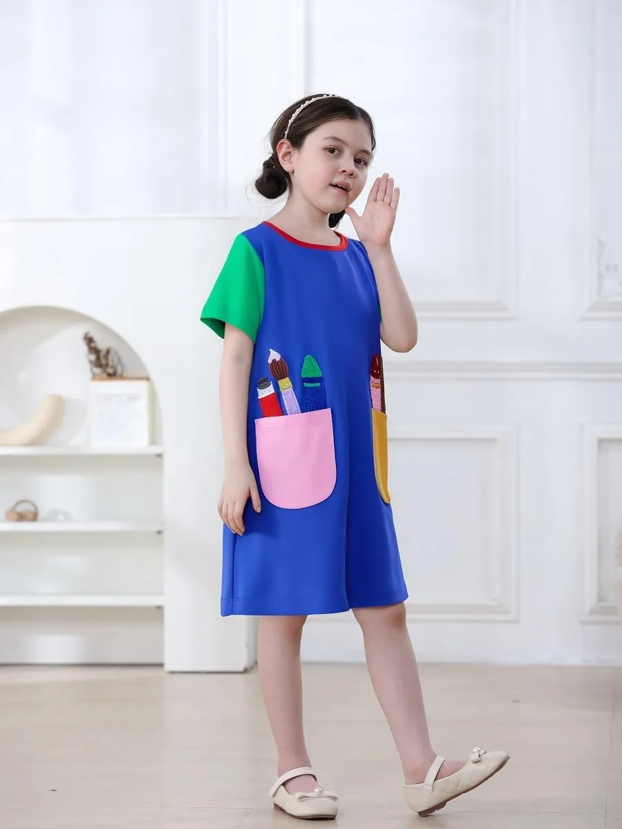 FreeLu Girls Cartoon Appliques Dress Cotton Summer Short Sleeve Dresses Casual Jersey Skirt