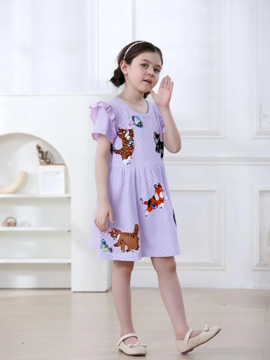 FreeLu Girls Cartoon Appliques Dress Cotton Summer Short Sleeve Dresses Casual Jersey Skirt