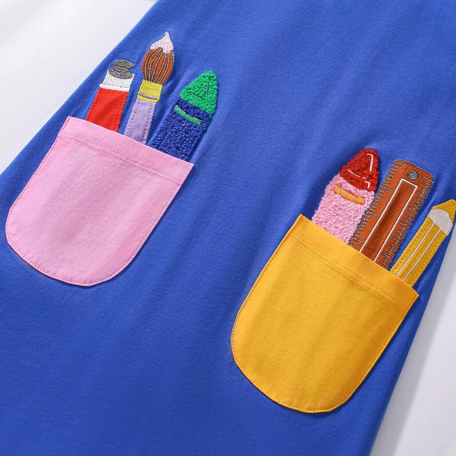 FreeLu Girls Cartoon Appliques Dress Cotton Summer Short Sleeve Dresses Casual Jersey Skirt